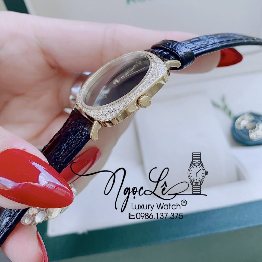 Đồng Hồ Rolex Nữ Mặt Đính Đá Dây Da Màu Đen Mặt Đen Vỏ Gold 33mm - Rolex Cellini