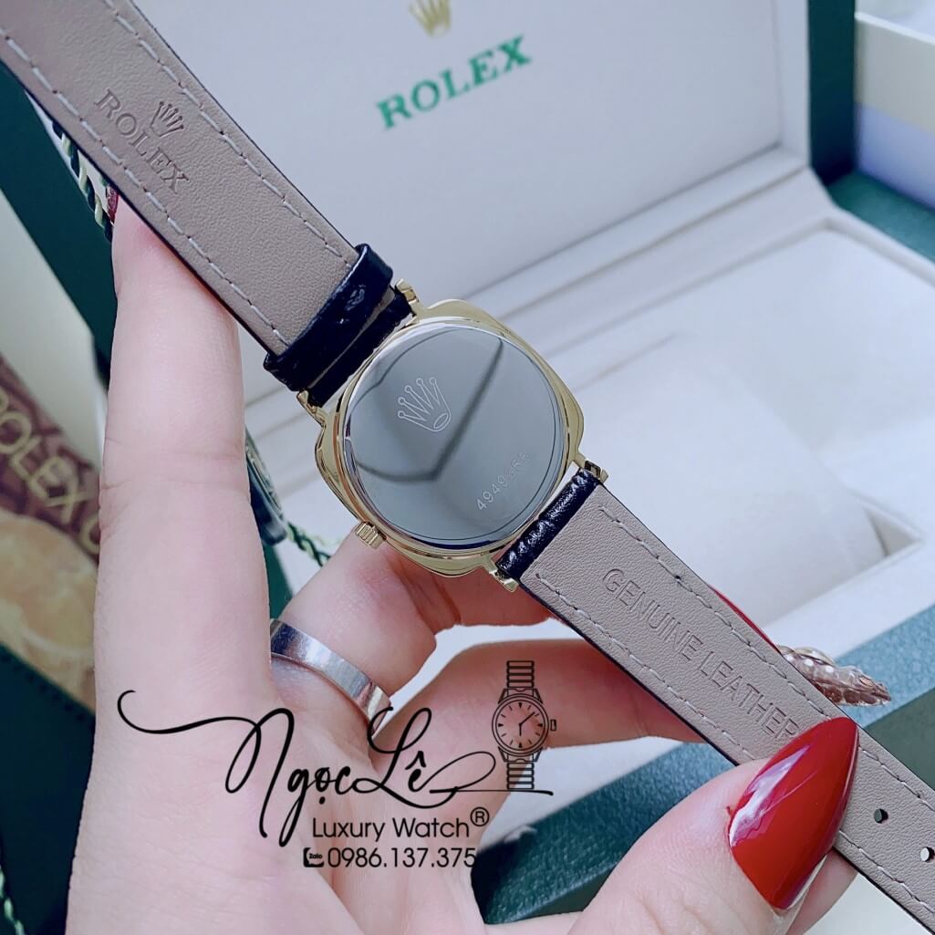 Đồng Hồ Rolex Nữ Mặt Đính Đá Dây Da Màu Đen Mặt Đen Vỏ Gold 33mm - Rolex Cellini