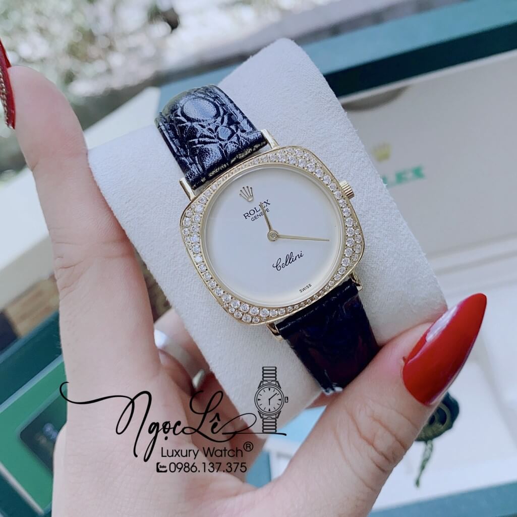 Đồng Hồ Rolex Nữ Mặt Đính Đá Dây Da Màu Đen Vỏ Gold 33mm - Rolex Cellini