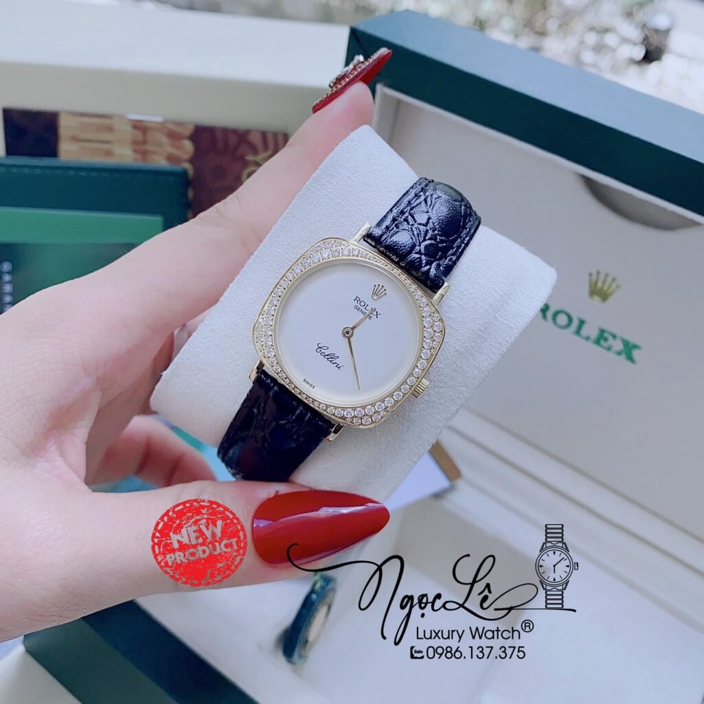 Đồng Hồ Rolex Nữ Mặt Đính Đá Dây Da Màu Đen Vỏ Gold 33mm - Rolex Cellini