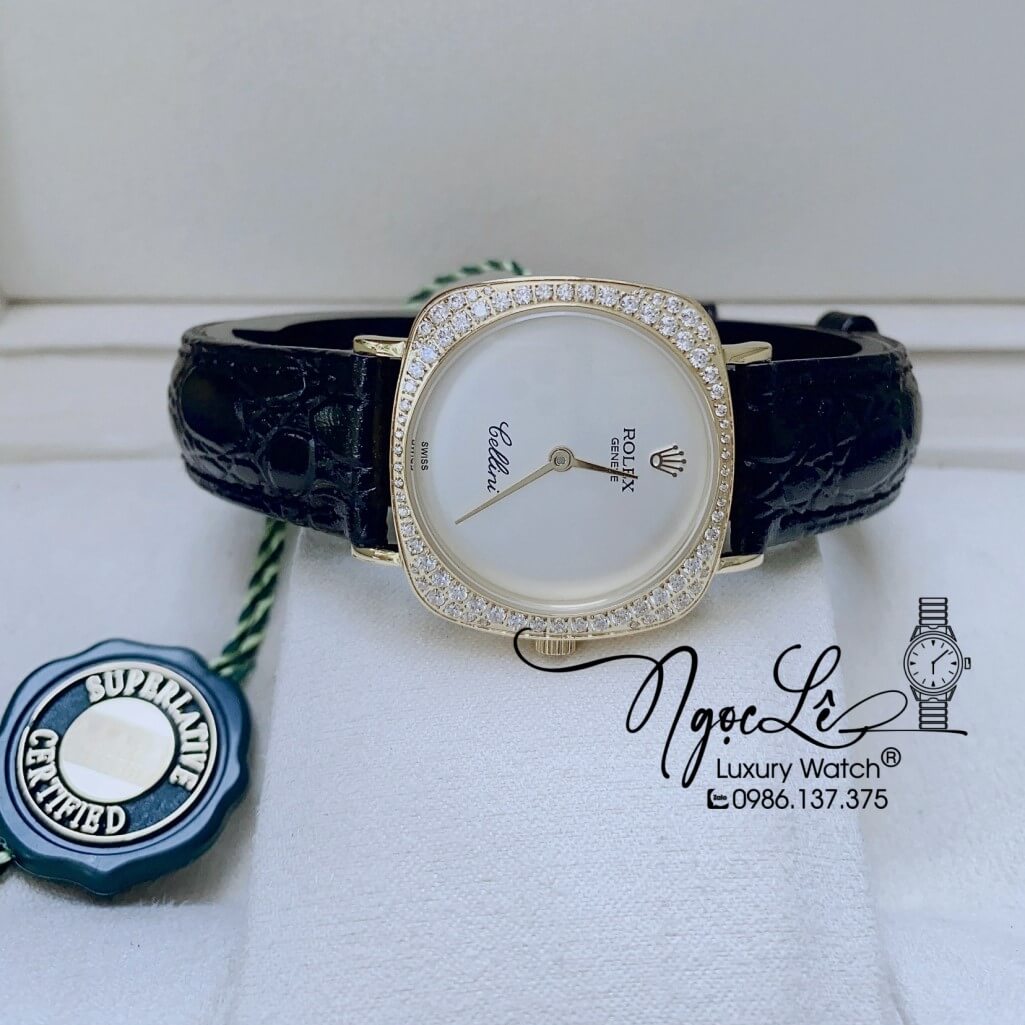 Đồng Hồ Rolex Nữ Mặt Đính Đá Dây Da Màu Đen Vỏ Gold 33mm - Rolex Cellini