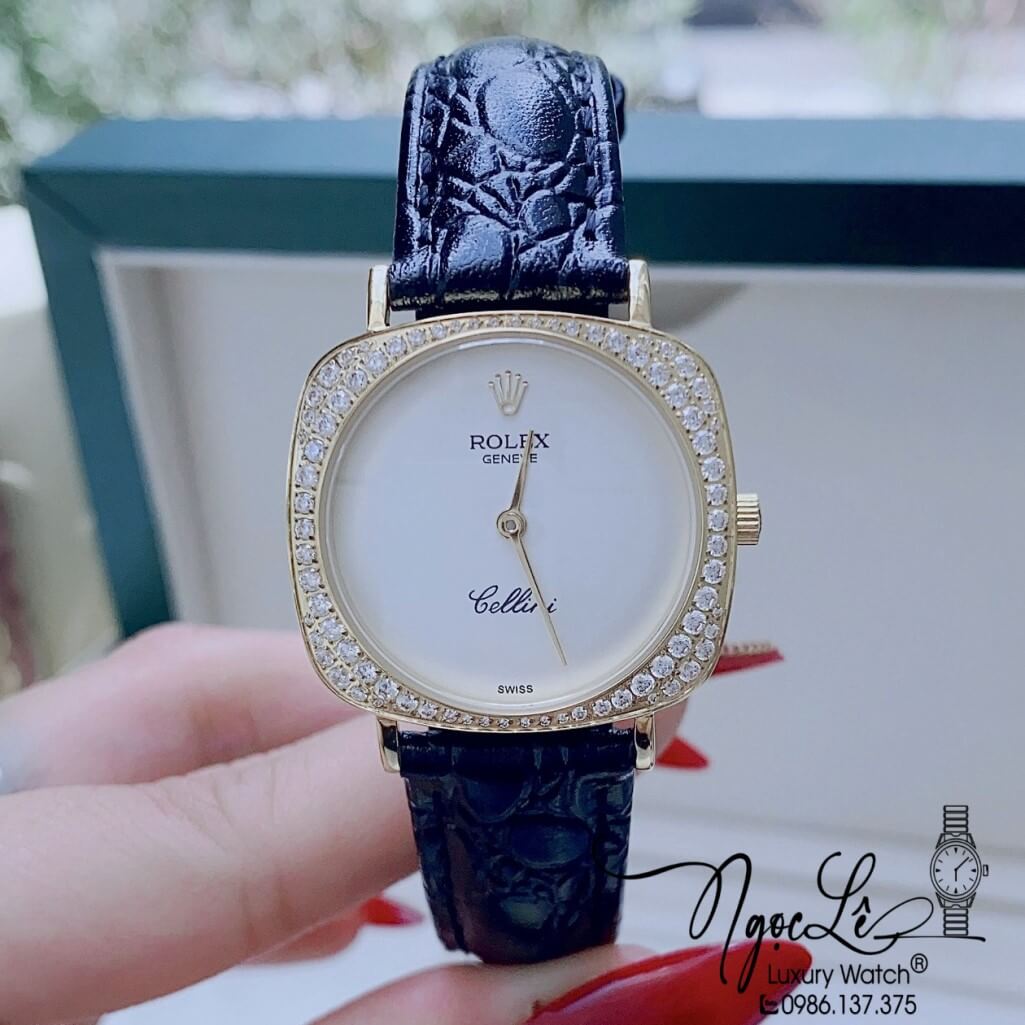 Đồng Hồ Rolex Nữ Mặt Đính Đá Dây Da Màu Đen Vỏ Gold 33mm - Rolex Cellini