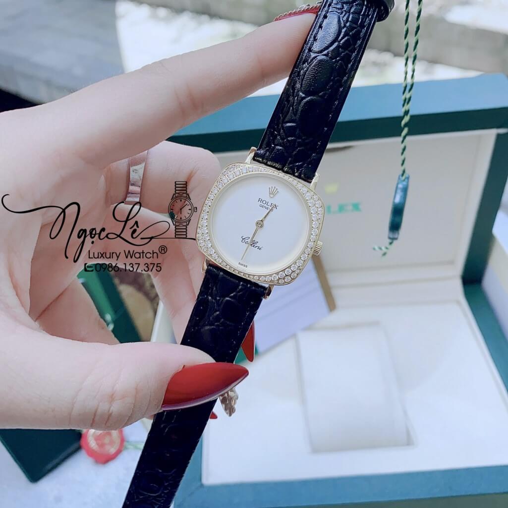 Đồng Hồ Rolex Nữ Mặt Đính Đá Dây Da Màu Đen Vỏ Gold 33mm - Rolex Cellini