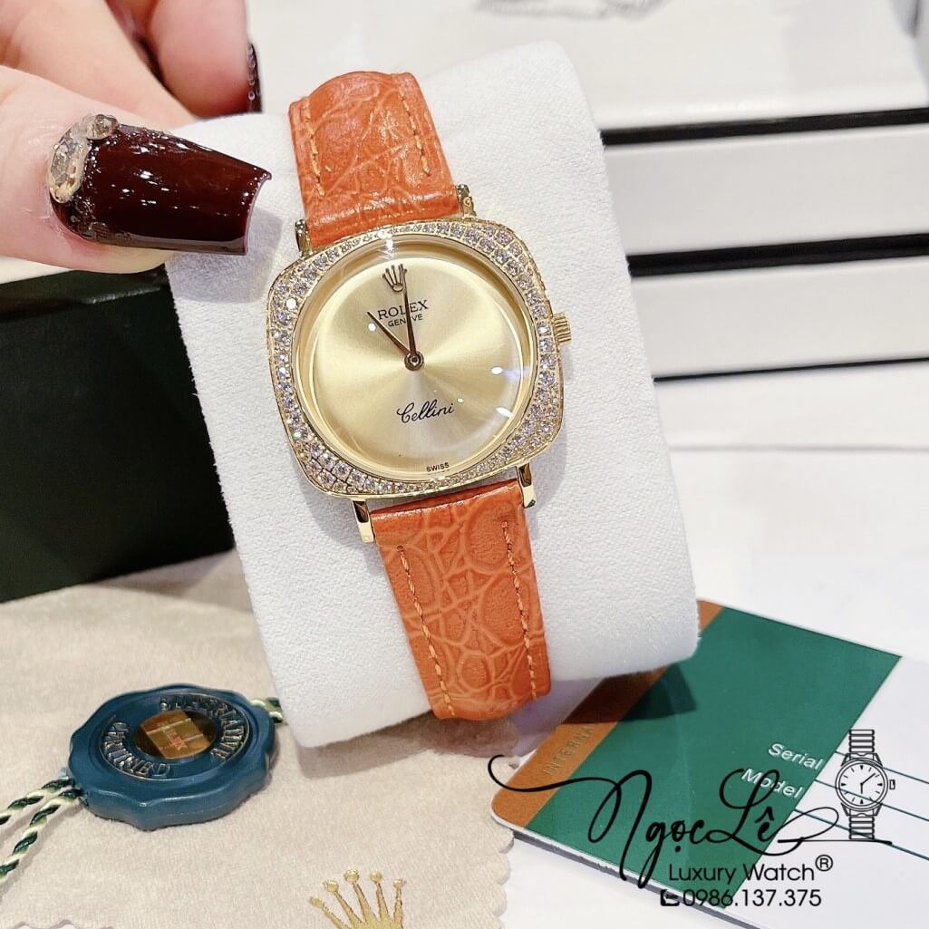 Đồng Hồ Rolex Nữ Mặt Đính Đá Dây Da Màu Cam Vỏ Gold 33mm - Rolex Cellini