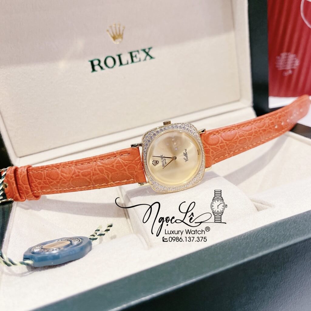 Đồng Hồ Rolex Nữ Mặt Đính Đá Dây Da Màu Cam Vỏ Gold 33mm - Rolex Cellini