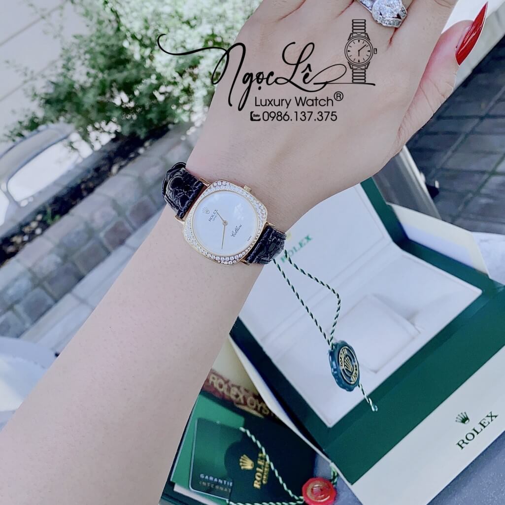 Đồng Hồ Rolex Nữ Mặt Đính Đá Dây Da Màu Đen Vỏ Gold 33mm - Rolex Cellini
