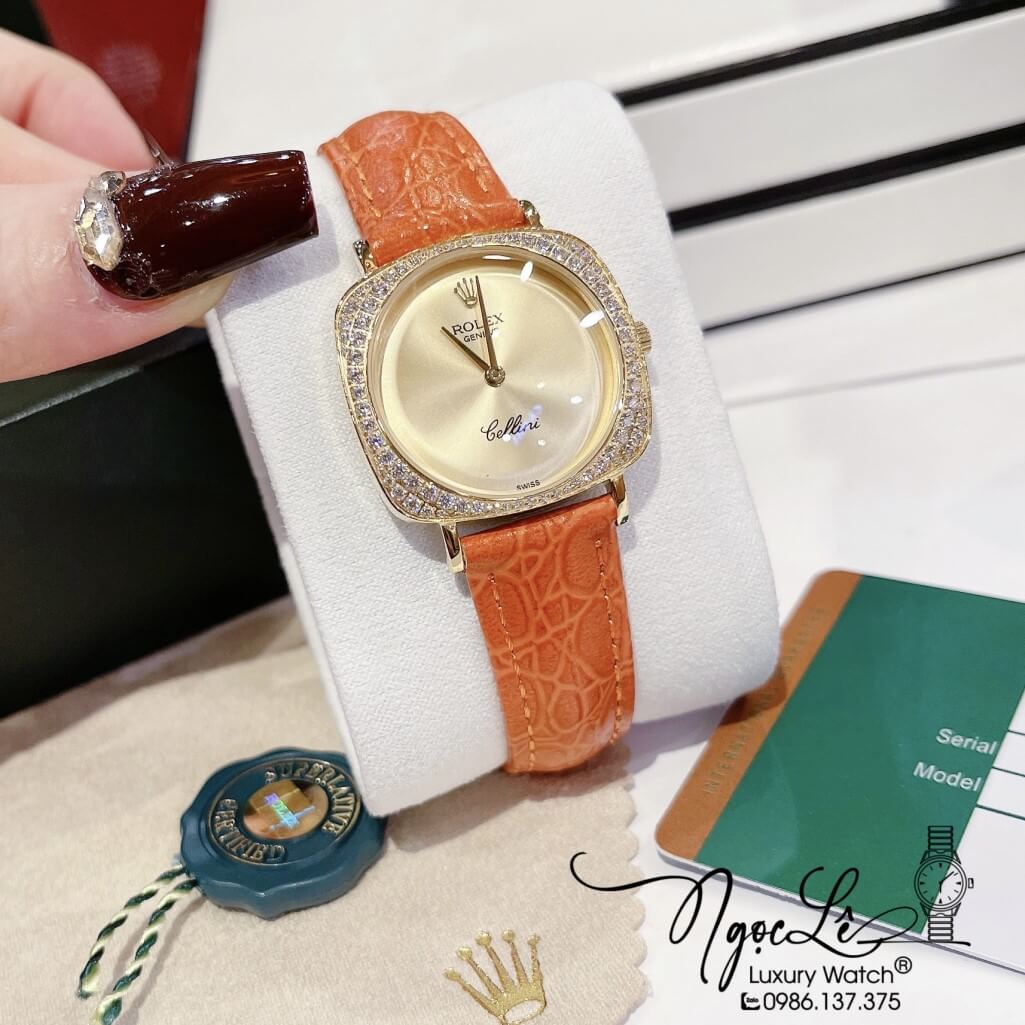 Đồng Hồ Rolex Nữ Mặt Đính Đá Dây Da Màu Cam Vỏ Gold 33mm - Rolex Cellini