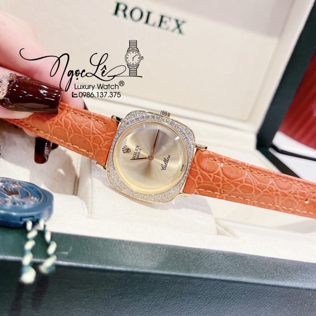 Đồng Hồ Rolex Nữ Mặt Đính Đá Dây Da Màu Cam Vỏ Gold 33mm - Rolex Cellini