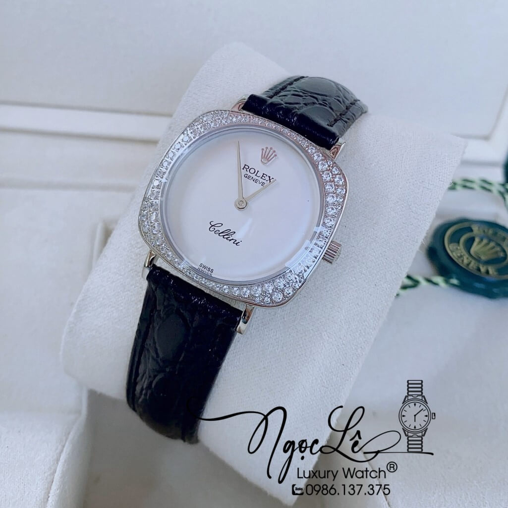 Đồng Hồ Rolex Nữ Mặt Đính Đá Dây Da Màu Đen Vỏ Silver 33mm - Rolex Cellini