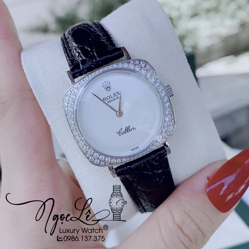 Đồng Hồ Rolex Nữ Mặt Đính Đá Dây Da Màu Đen Vỏ Silver 33mm - Rolex Cellini