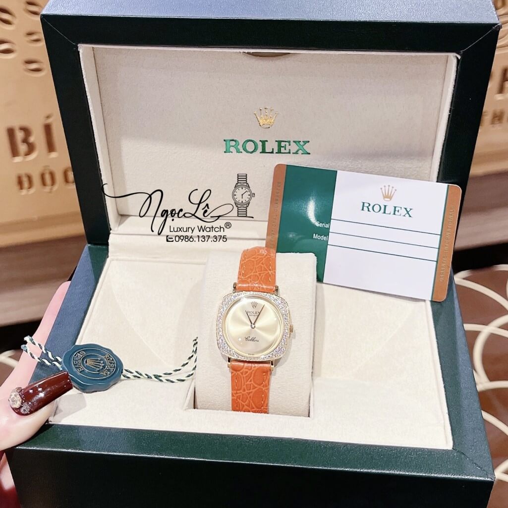 Đồng Hồ Rolex Nữ Mặt Đính Đá Dây Da Màu Cam Vỏ Gold 33mm - Rolex Cellini