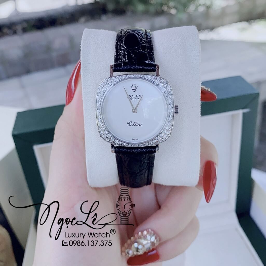 Đồng Hồ Rolex Nữ Mặt Đính Đá Dây Da Màu Đen Vỏ Silver 33mm - Rolex Cellini