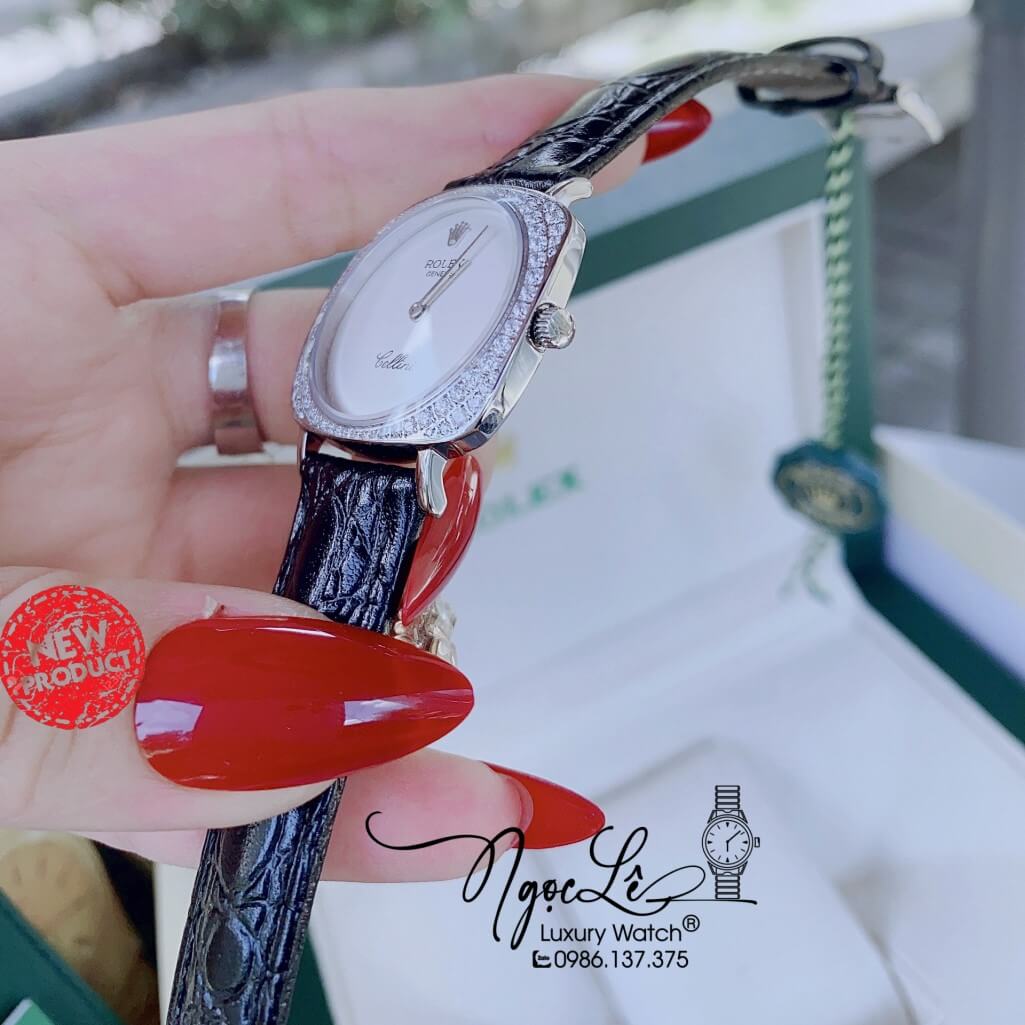 Đồng Hồ Rolex Nữ Mặt Đính Đá Dây Da Màu Đen Vỏ Silver 33mm - Rolex Cellini