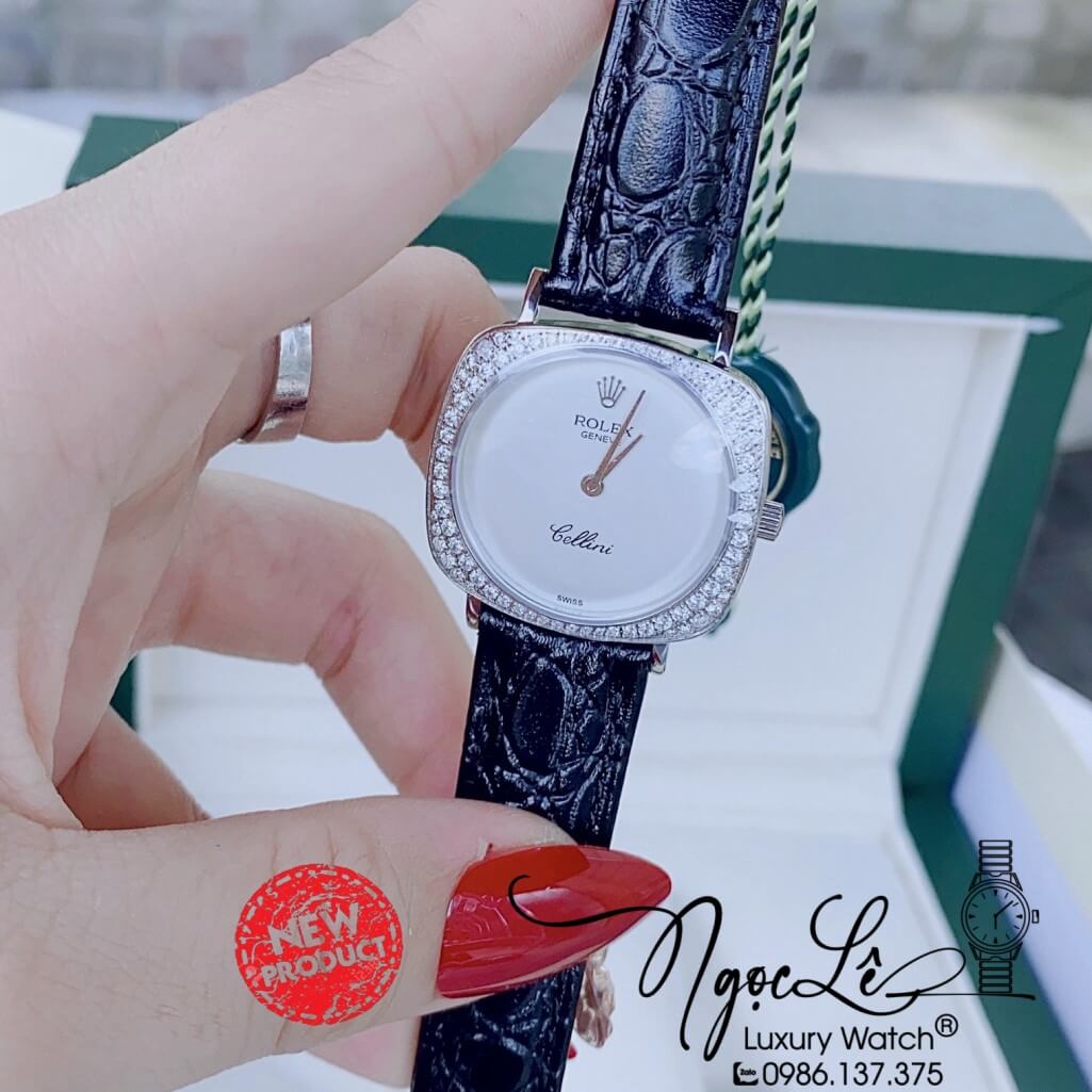Đồng Hồ Rolex Nữ Mặt Đính Đá Dây Da Màu Đen Vỏ Silver 33mm - Rolex Cellini