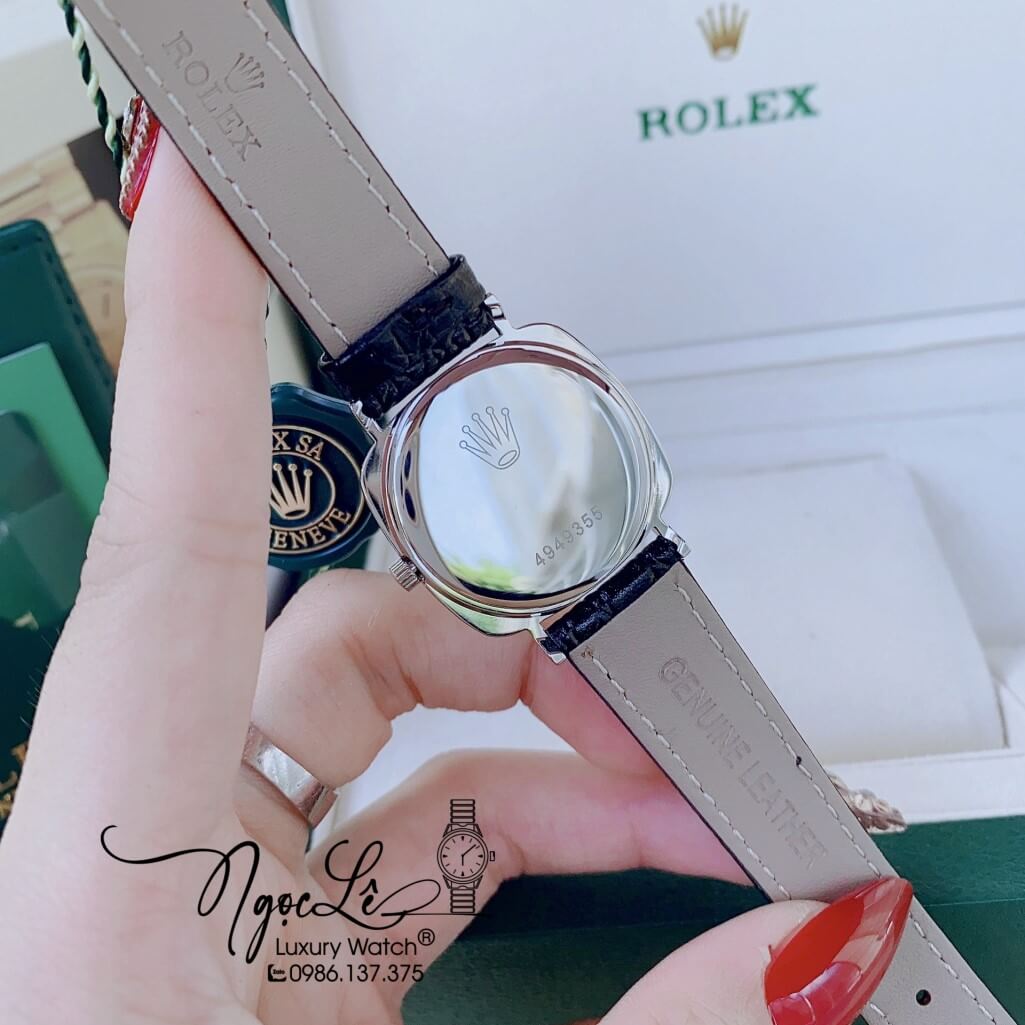 Đồng Hồ Rolex Nữ Mặt Đính Đá Dây Da Màu Đen Vỏ Silver 33mm - Rolex Cellini
