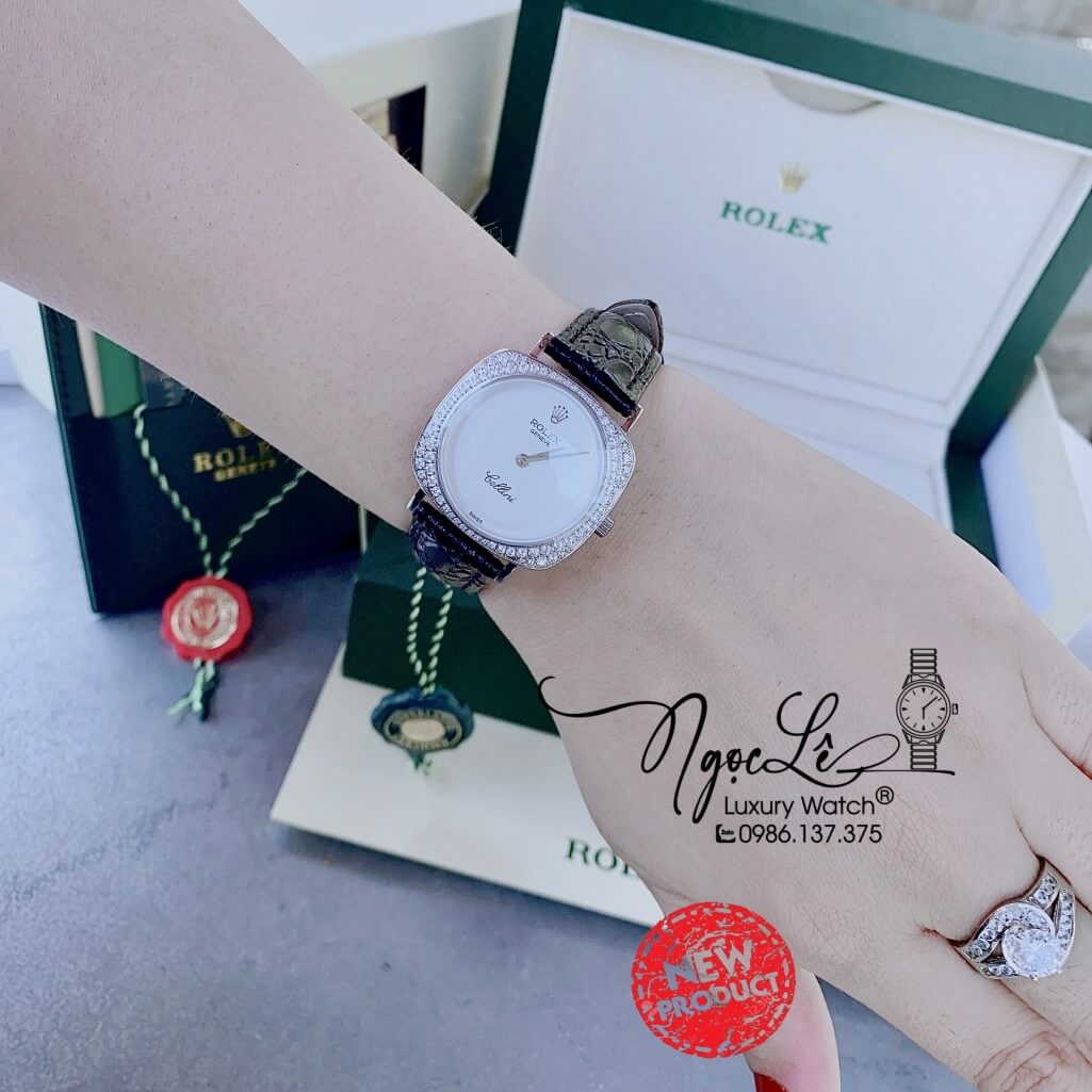 Đồng Hồ Rolex Nữ Mặt Đính Đá Dây Da Màu Đen Vỏ Silver 33mm - Rolex Cellini