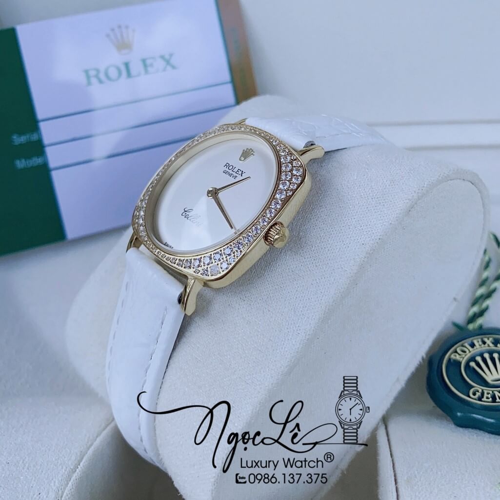 Đồng Hồ Rolex Nữ Mặt Đính Đá Dây Da Màu Trắng Vỏ Gold 33mm - Rolex Cellini