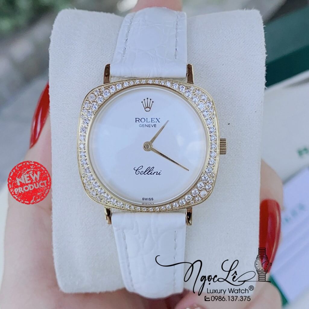 Đồng Hồ Rolex Nữ Mặt Đính Đá Dây Da Màu Trắng Vỏ Gold 33mm - Rolex Cellini