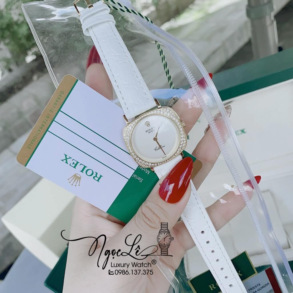 Đồng Hồ Rolex Nữ Mặt Đính Đá Dây Da Màu Trắng Vỏ Gold 33mm - Rolex Cellini
