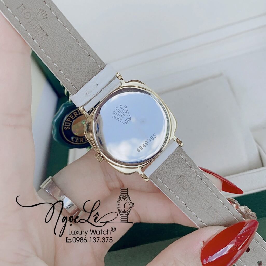 Đồng Hồ Rolex Nữ Mặt Đính Đá Dây Da Màu Trắng Vỏ Gold 33mm - Rolex Cellini