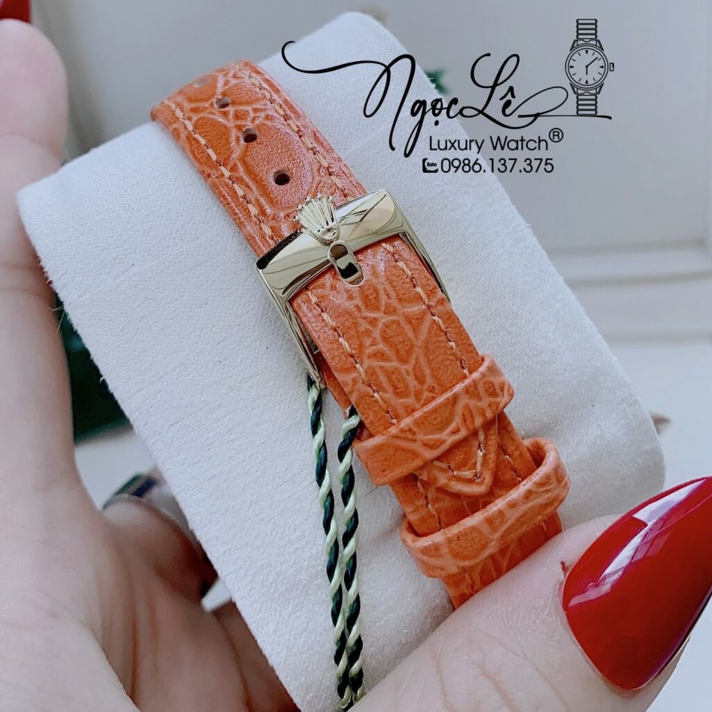 Đồng Hồ Rolex Nữ Mặt Đính Đá Dây Da Màu Cam Vỏ Gold 33mm - Rolex Cellini