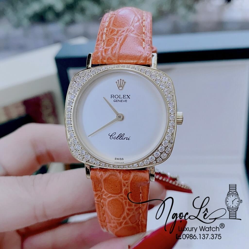 Đồng Hồ Rolex Nữ Mặt Đính Đá Dây Da Màu Cam Vỏ Gold 33mm - Rolex Cellini