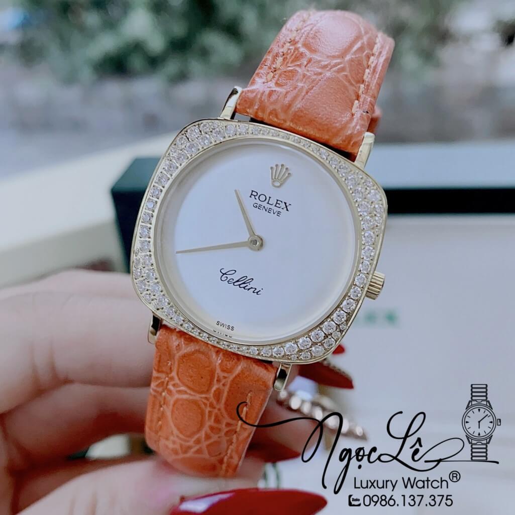 Đồng Hồ Rolex Nữ Mặt Đính Đá Dây Da Màu Cam Vỏ Gold 33mm - Rolex Cellini