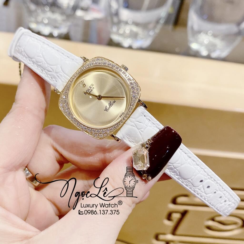 Đồng Hồ Rolex Nữ Mặt Đính Đá Dây Da Màu Trắng Vỏ Gold 33mm - Rolex Cellini