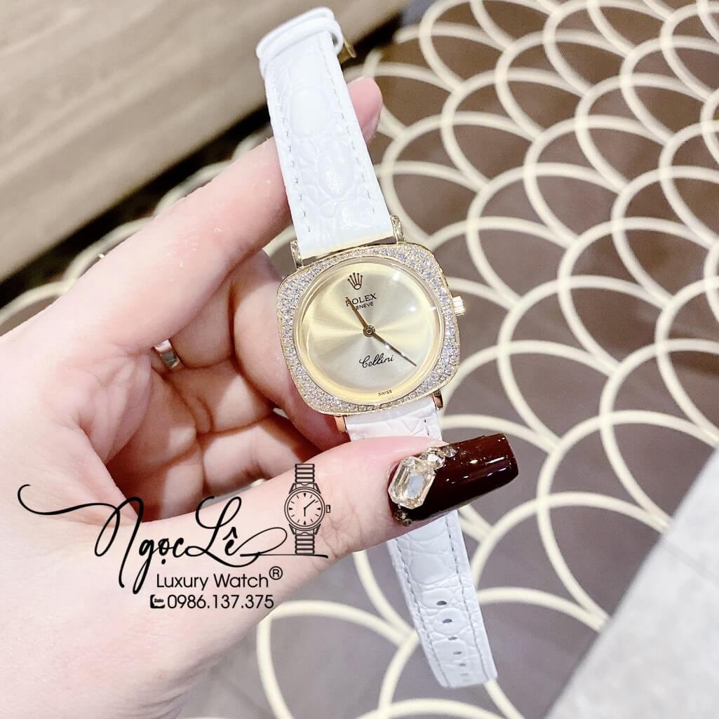 Đồng Hồ Rolex Nữ Mặt Đính Đá Dây Da Màu Trắng Vỏ Gold 33mm - Rolex Cellini