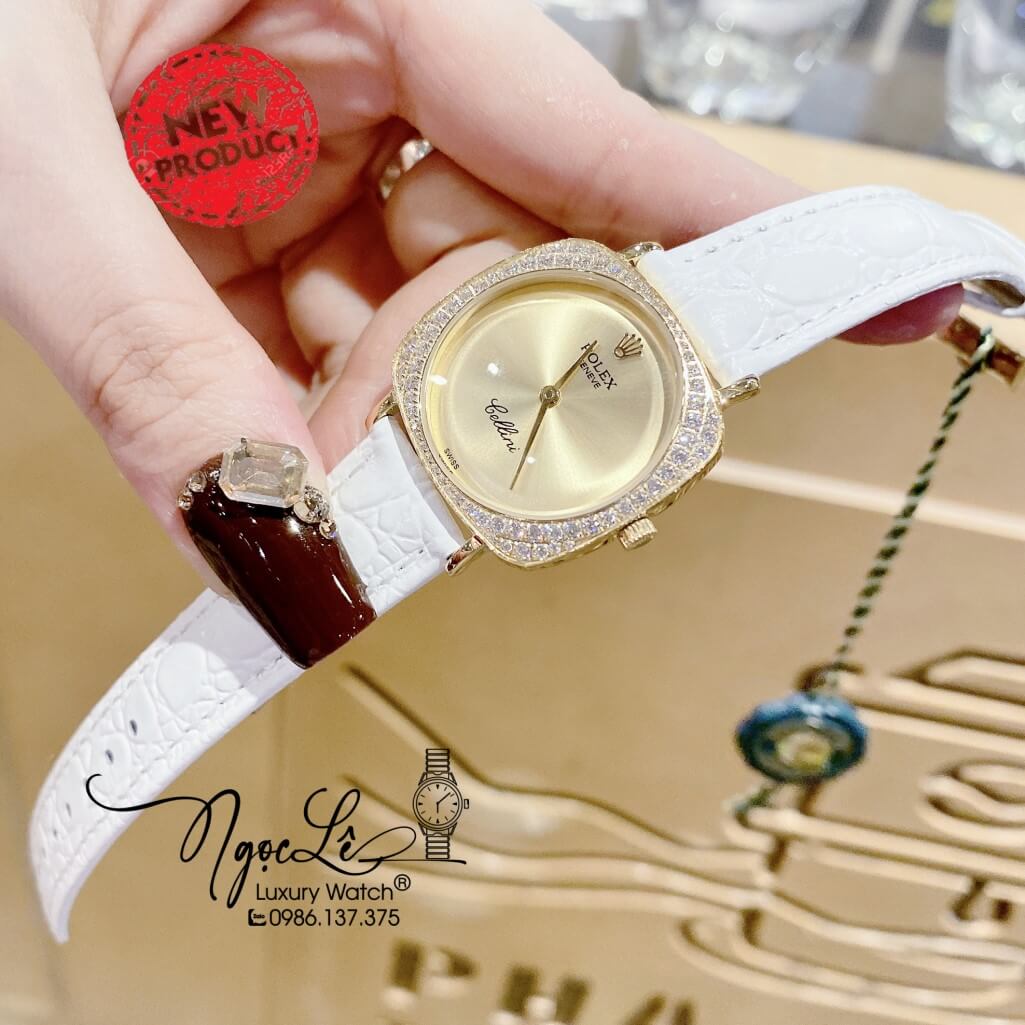 Đồng Hồ Rolex Nữ Mặt Đính Đá Dây Da Màu Trắng Vỏ Gold 33mm - Rolex Cellini