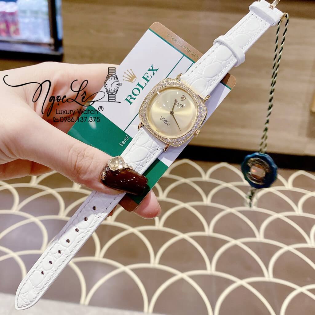 Đồng Hồ Rolex Nữ Mặt Đính Đá Dây Da Màu Trắng Vỏ Gold 33mm - Rolex Cellini