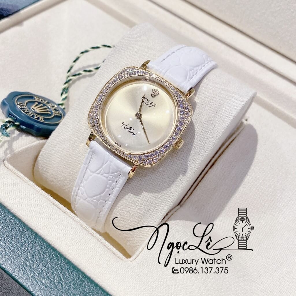 Đồng Hồ Rolex Nữ Mặt Đính Đá Dây Da Màu Trắng Vỏ Gold 33mm - Rolex Cellini