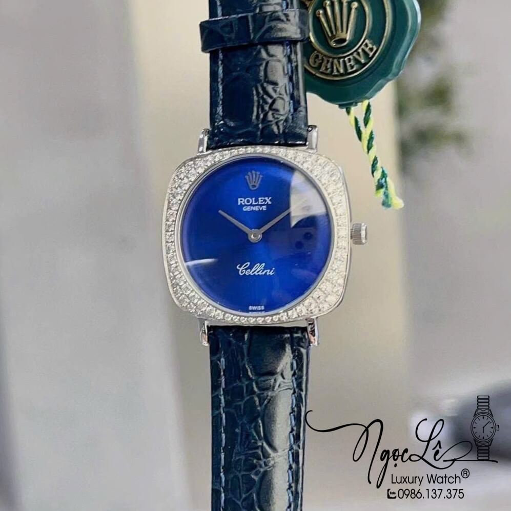 Đồng Hồ Rolex Nữ Mặt Đính Đá Dây Da Màu Xanh Dương Đậm Vỏ Silver 33mm - Rolex Cellini