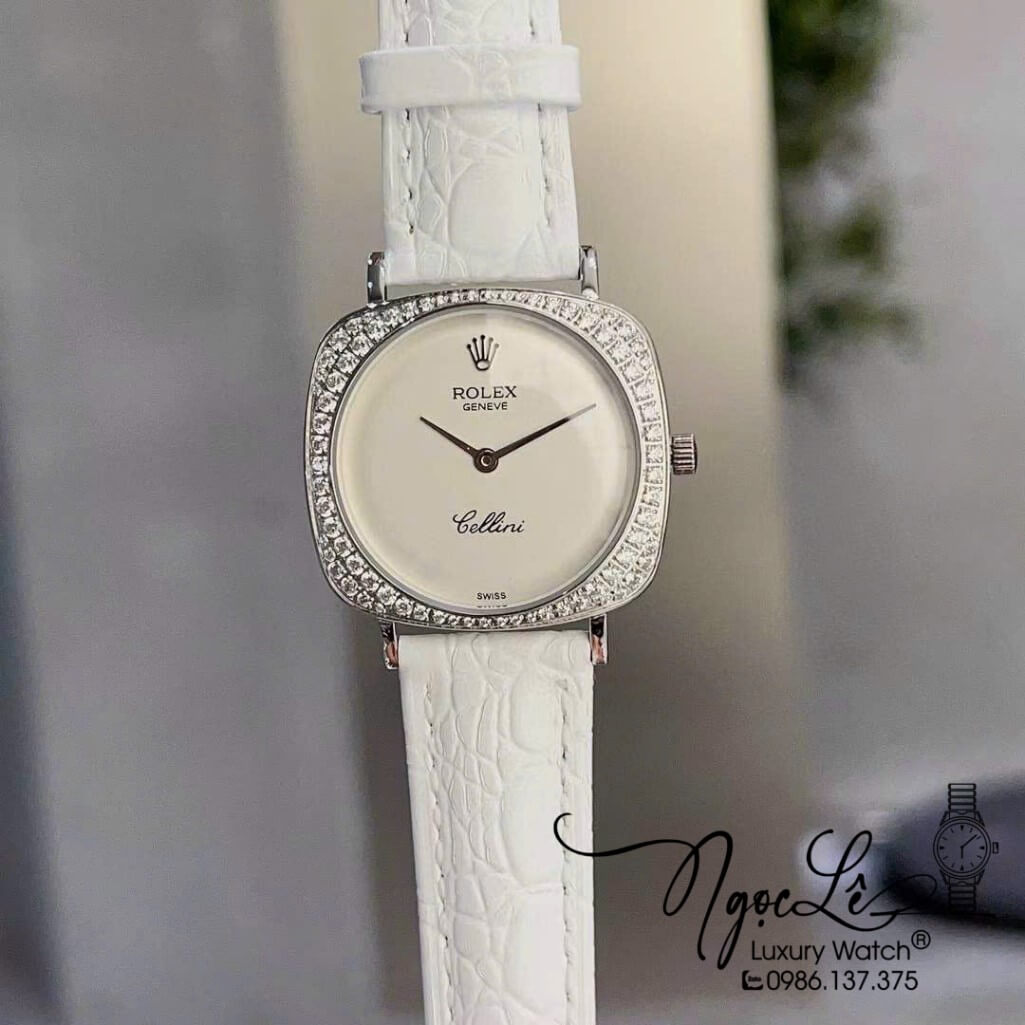 Đồng Hồ Rolex Nữ Mặt Đính Đá Dây Da Màu Trắng Vỏ Silver 33mm - Rolex Cellini