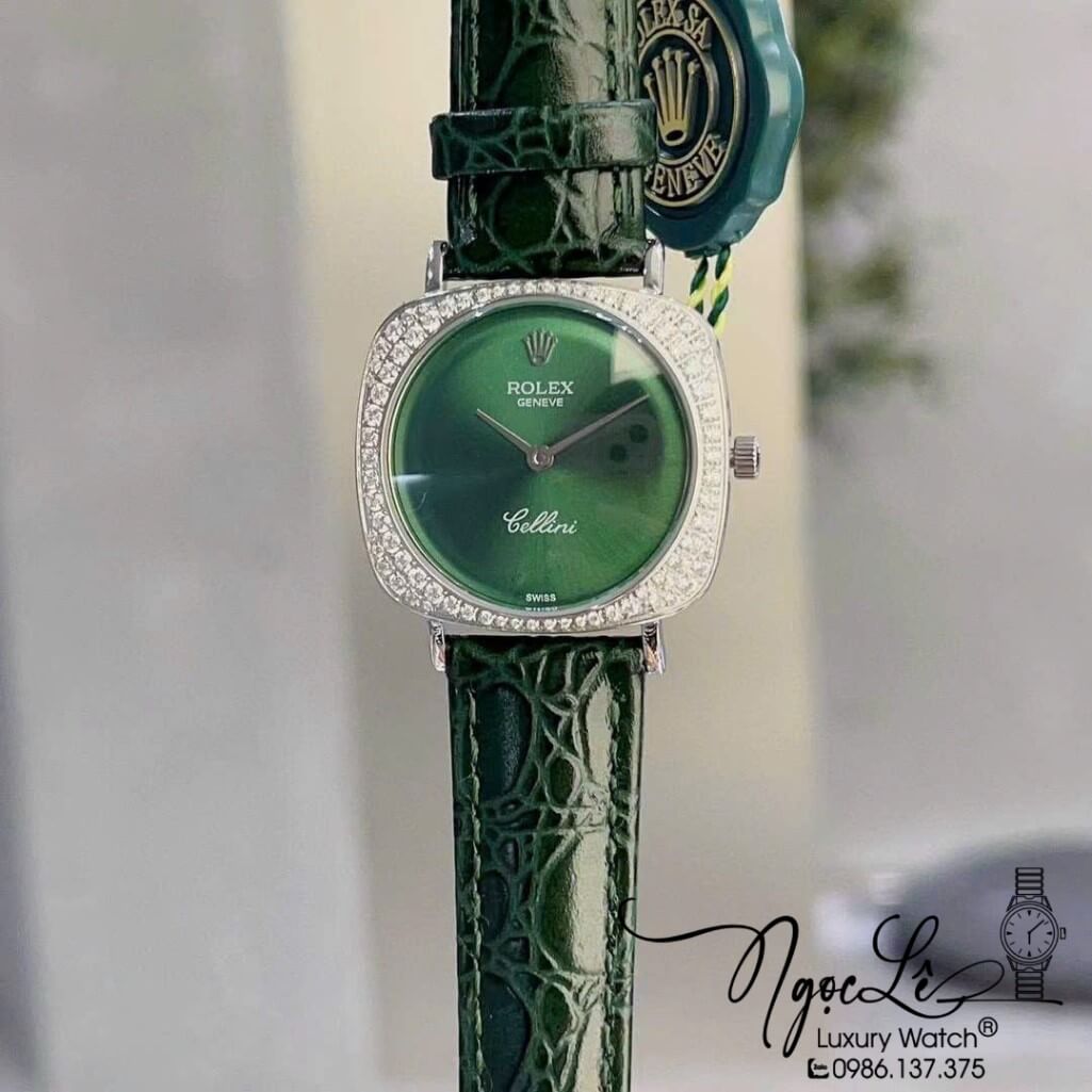 Đồng Hồ Rolex Nữ Mặt Đính Đá Dây Da Màu Xanh Rêu Đậm Vỏ Silver 33mm - Rolex Cellini