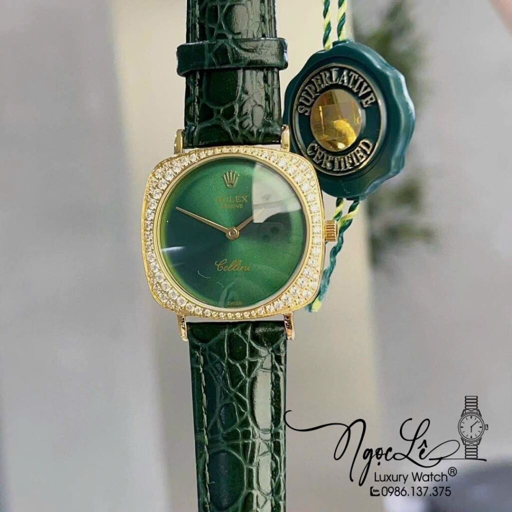 Đồng Hồ Rolex Nữ Mặt Đính Đá Dây Da Màu Xanh Rêu Đậm Vỏ Gold 33mm - Rolex Cellini