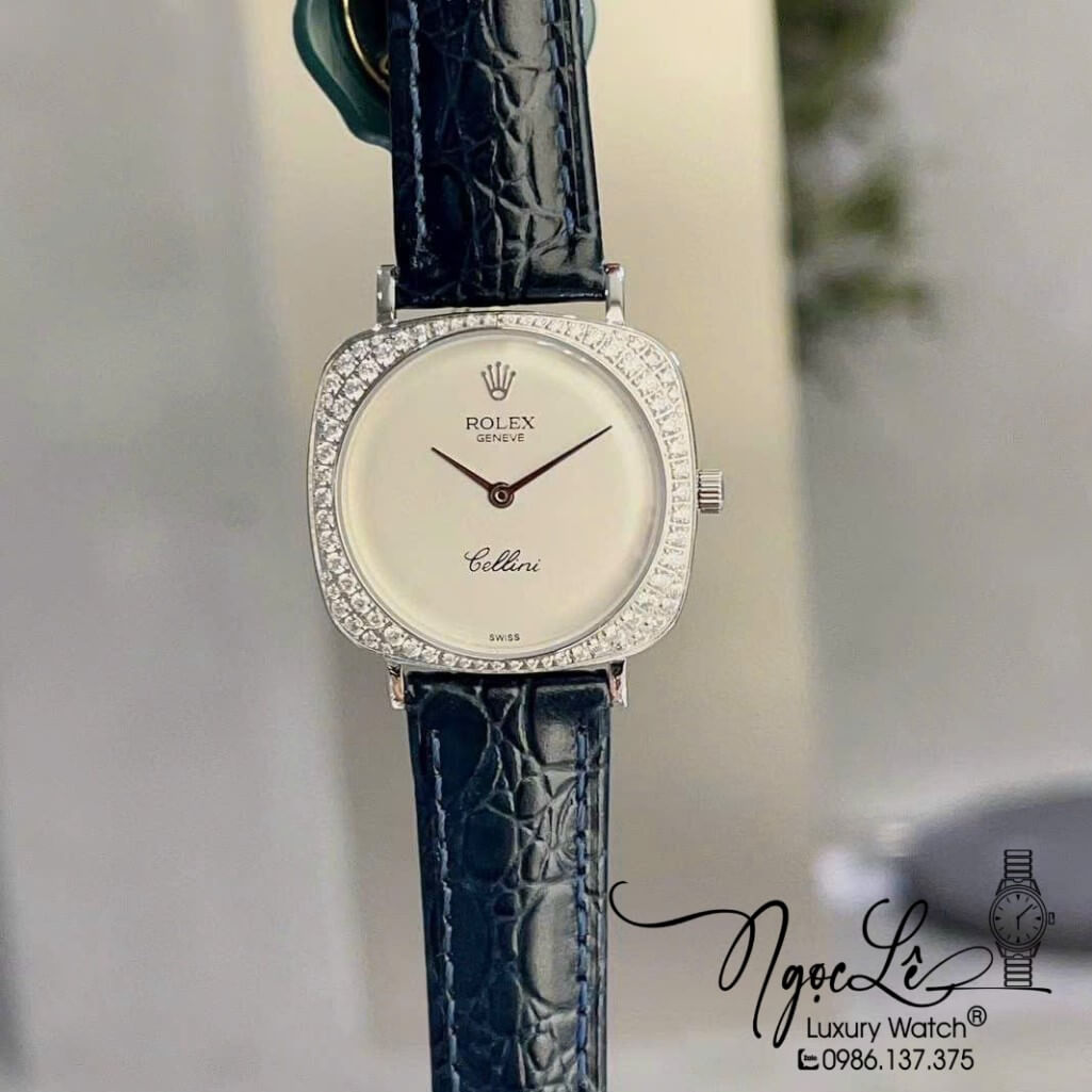 Đồng Hồ Rolex Nữ Mặt Đính Đá Dây Da Màu Xanh Dương Đậm Vỏ Silver 33mm - Rolex Cellini