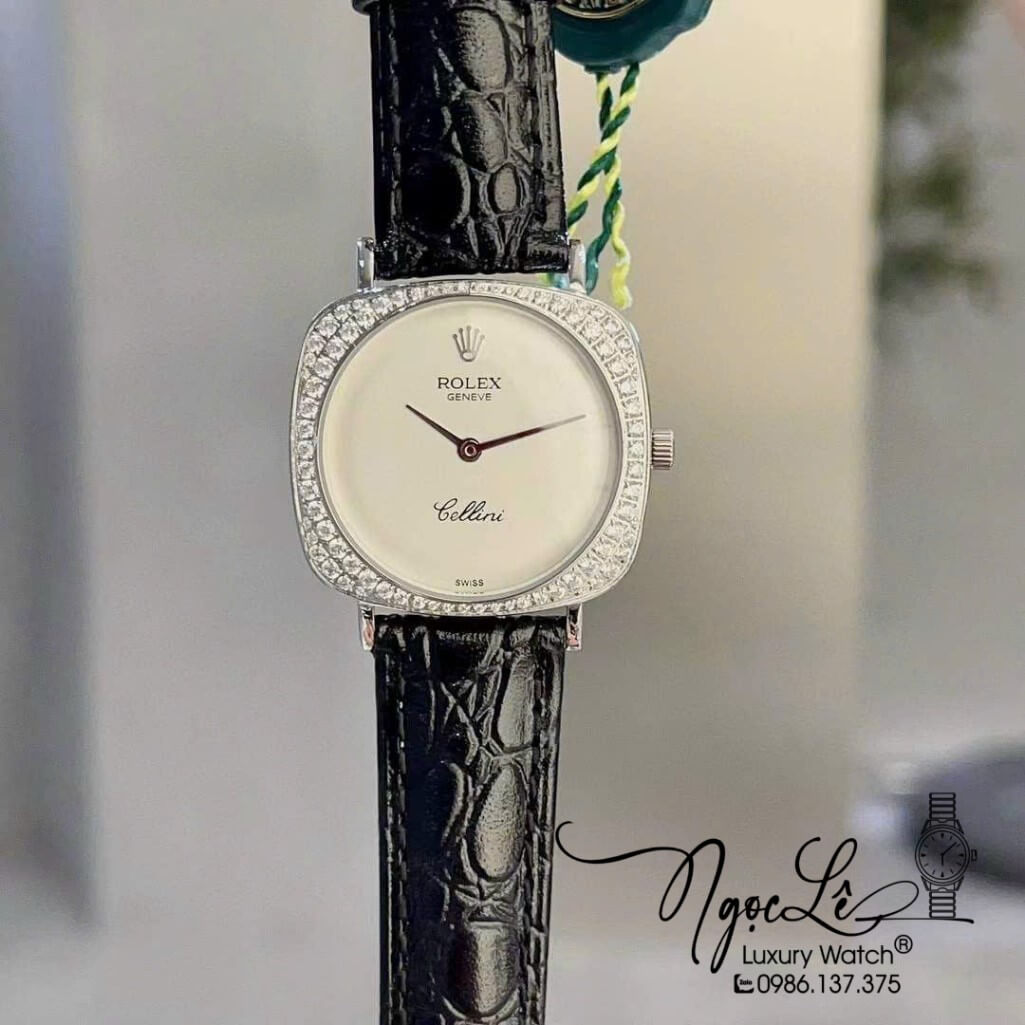 Đồng Hồ Rolex Nữ Mặt Đính Đá Dây Da Màu Đen Vỏ Silver 33mm - Rolex Cellini