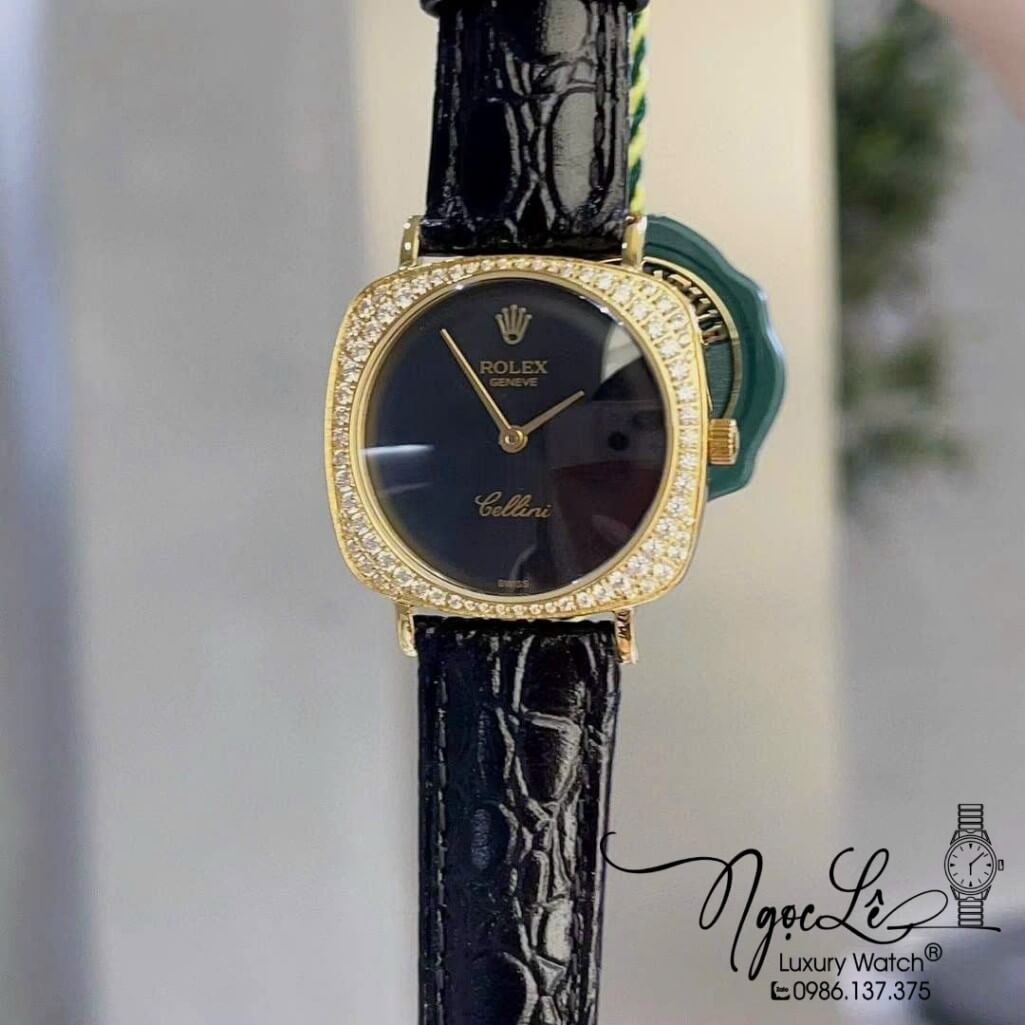 Đồng Hồ Rolex Nữ Mặt Đính Đá Dây Da Màu Đen Mặt Đen Vỏ Gold 33mm - Rolex Cellini