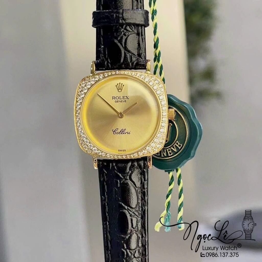 Đồng Hồ Rolex Nữ Mặt Đính Đá Dây Da Màu Đen Mặt Đen Vỏ Gold 33mm - Rolex Cellini