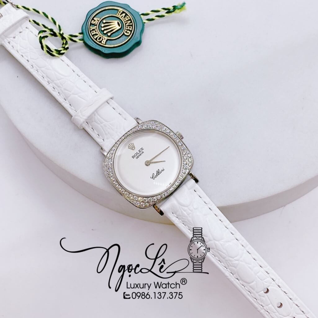 Đồng Hồ Rolex Nữ Mặt Đính Đá Dây Da Màu Trắng Vỏ Silver 33mm - Rolex Cellini