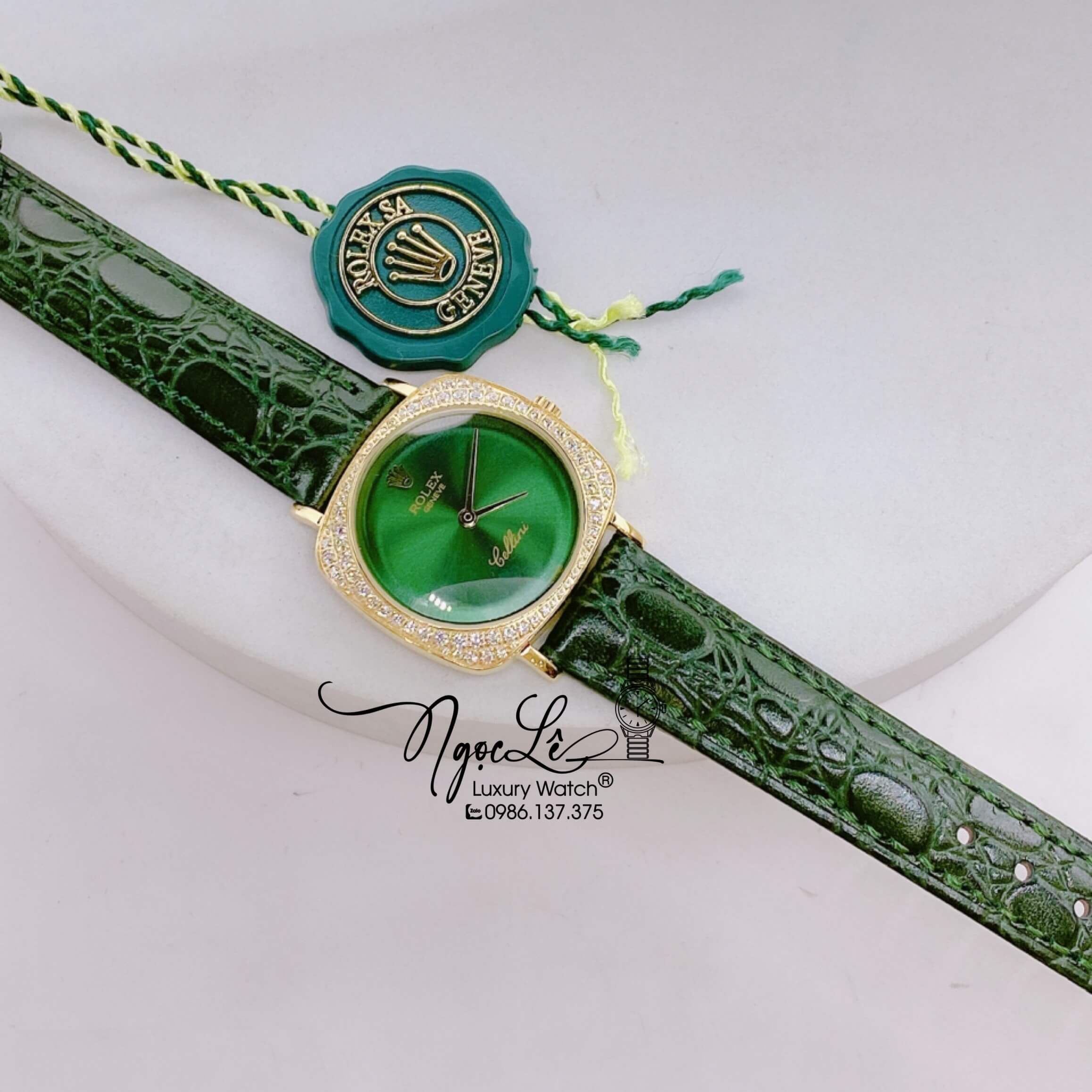 Đồng Hồ Rolex Nữ Mặt Đính Đá Dây Da Màu Xanh Rêu Đậm Vỏ Gold 33mm - Rolex Cellini