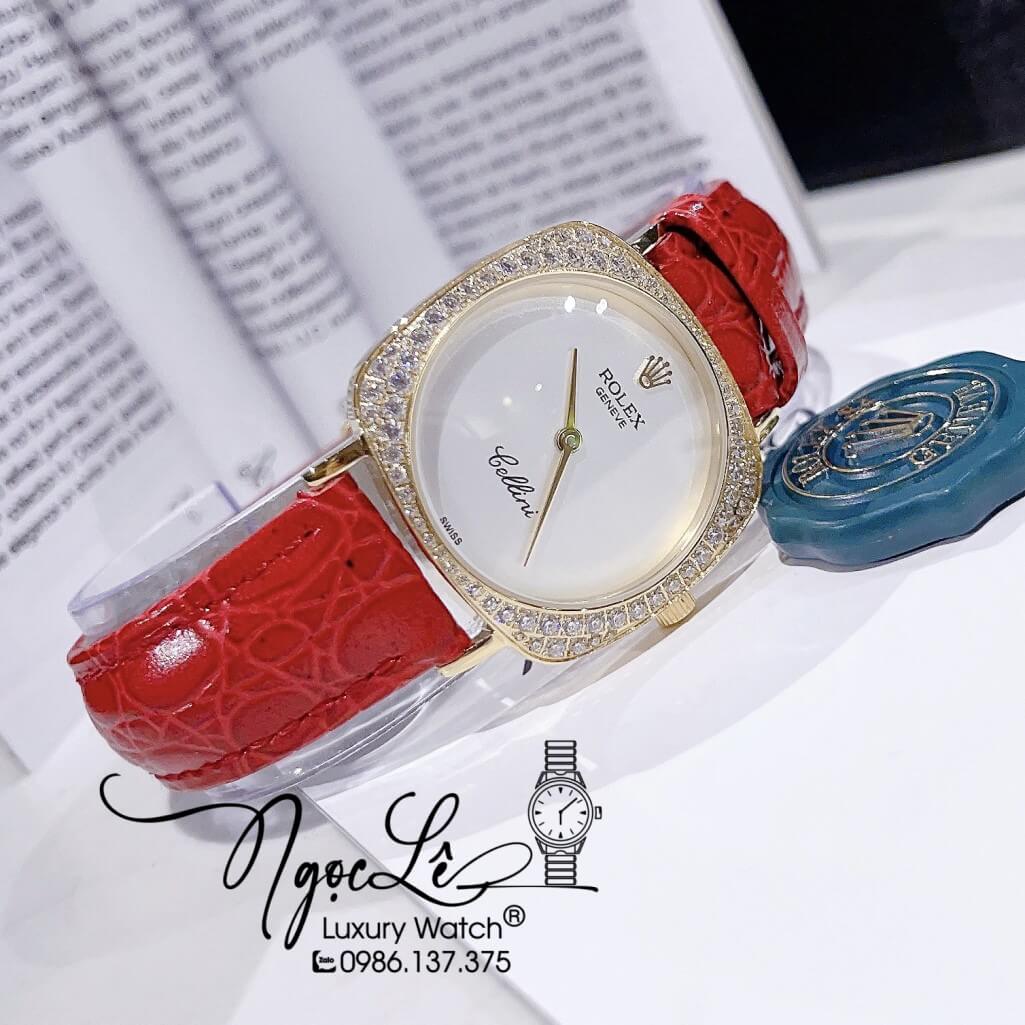Đồng Hồ Rolex Nữ Mặt Đính Đá Dây Da Màu Đỏ Vỏ Gold 33mm - Rolex Cellini