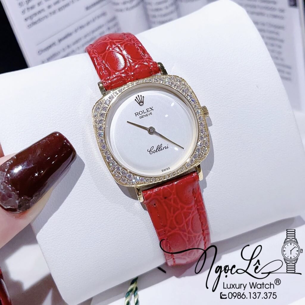 Đồng Hồ Rolex Nữ Mặt Đính Đá Dây Da Màu Đỏ Vỏ Gold 33mm - Rolex Cellini