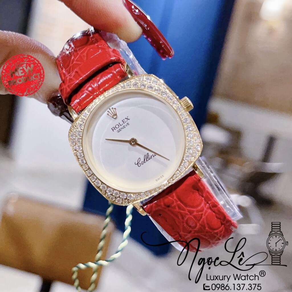 Đồng Hồ Rolex Nữ Mặt Đính Đá Dây Da Màu Đỏ Vỏ Gold 33mm - Rolex Cellini