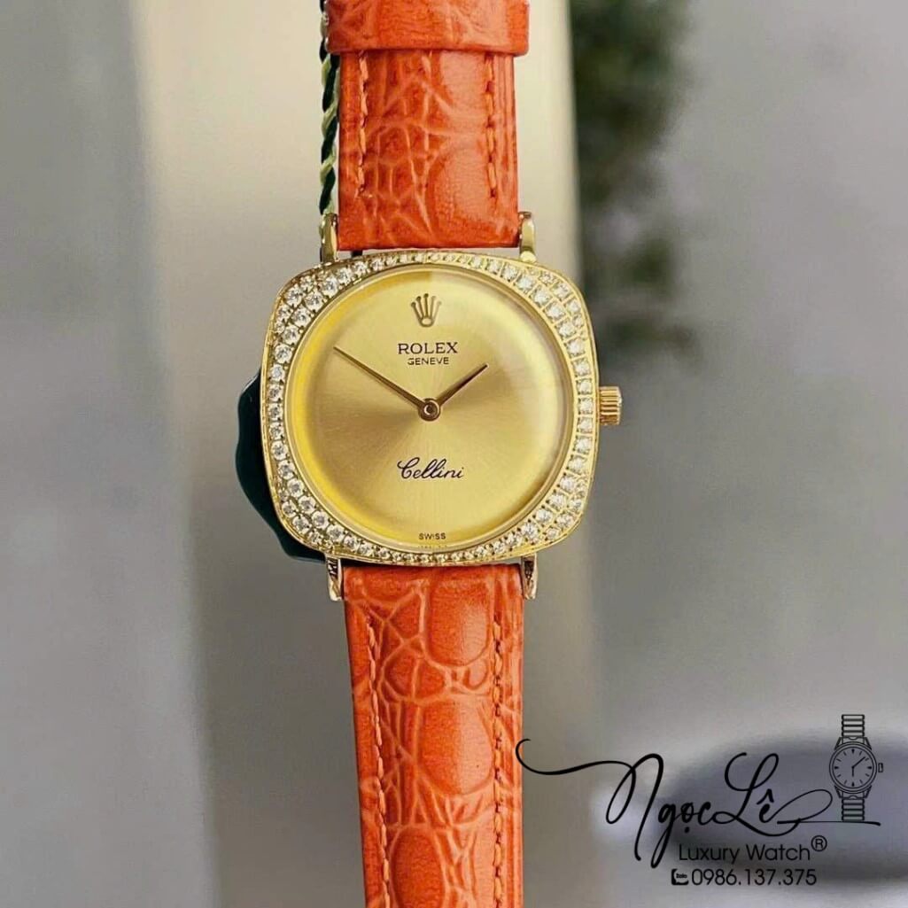 Đồng Hồ Rolex Nữ Mặt Đính Đá Dây Da Màu Cam Vỏ Gold 33mm - Rolex Cellini