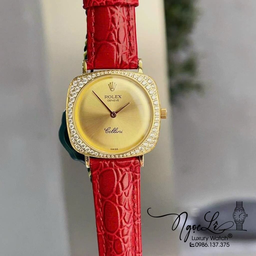 Đồng Hồ Rolex Nữ Mặt Đính Đá Dây Da Màu Đỏ Vỏ Gold 33mm - Rolex Cellini