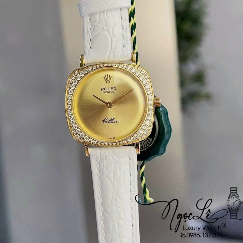 Đồng Hồ Rolex Nữ Mặt Đính Đá Dây Da Màu Trắng Vỏ Gold 33mm - Rolex Cellini