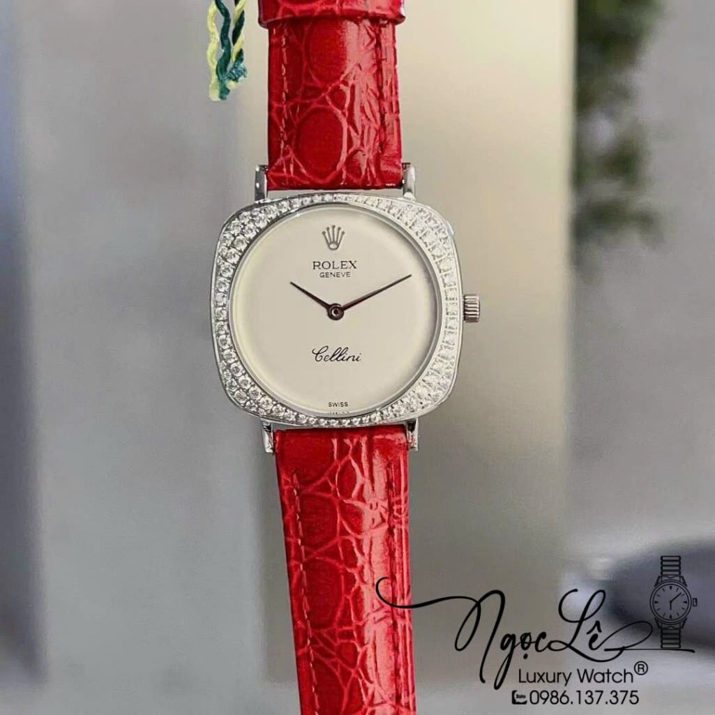 Đồng Hồ Rolex Nữ Mặt Đính Đá Dây Da Màu Đỏ Vỏ Silver 33mm - Rolex Cellini