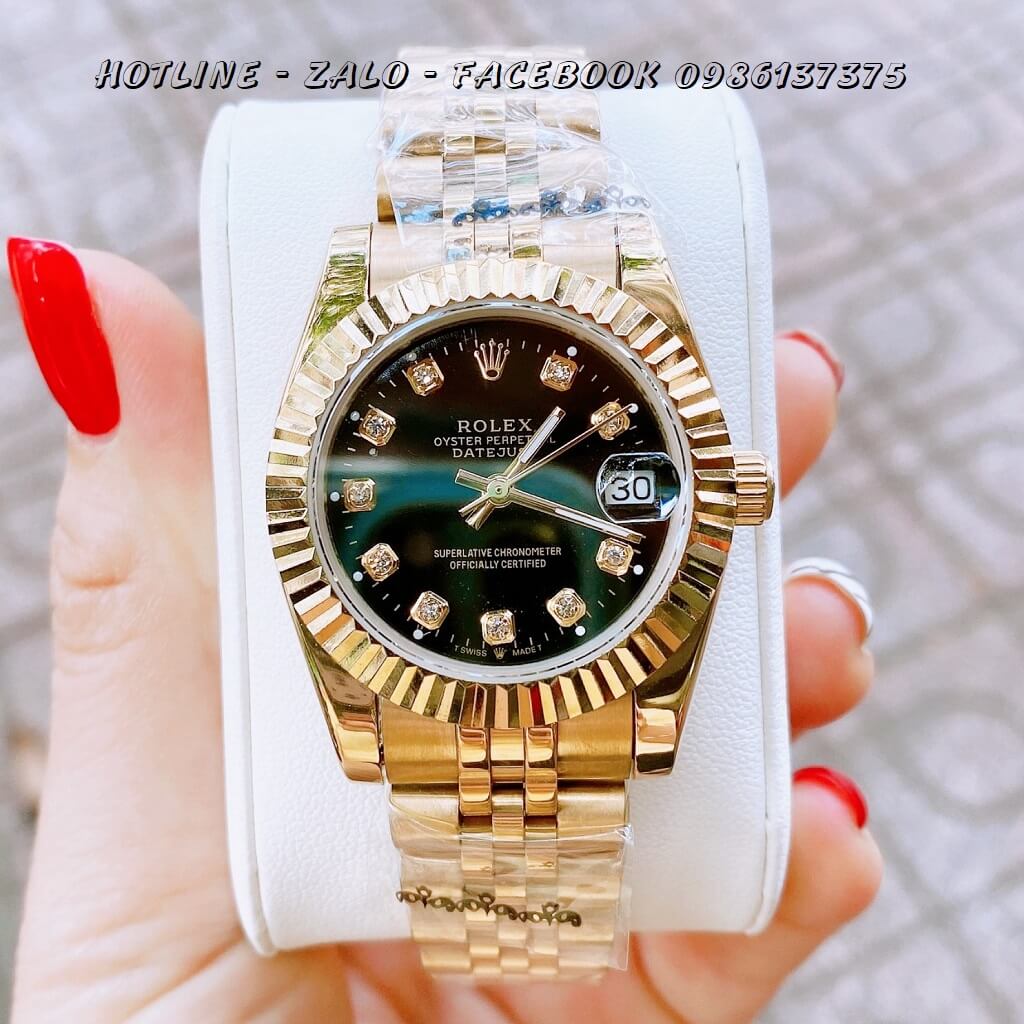 Đồng Hồ Nữ Rolex Quartz Vàng Mặt Đen 32mm